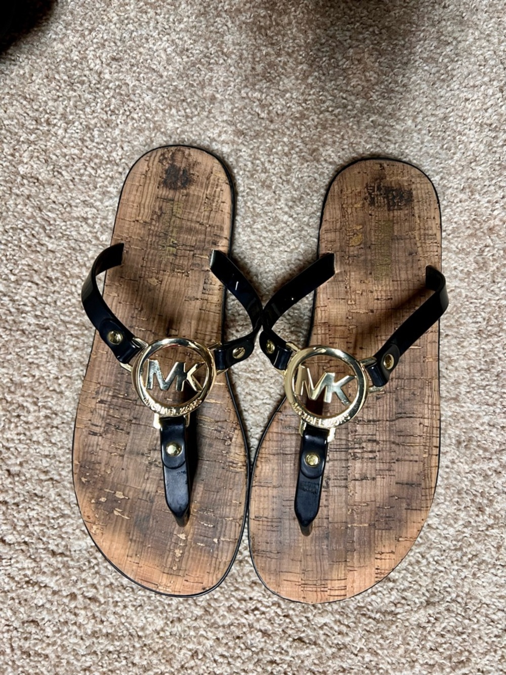 Michael Kors Black and Gold Logo Thong Sandals